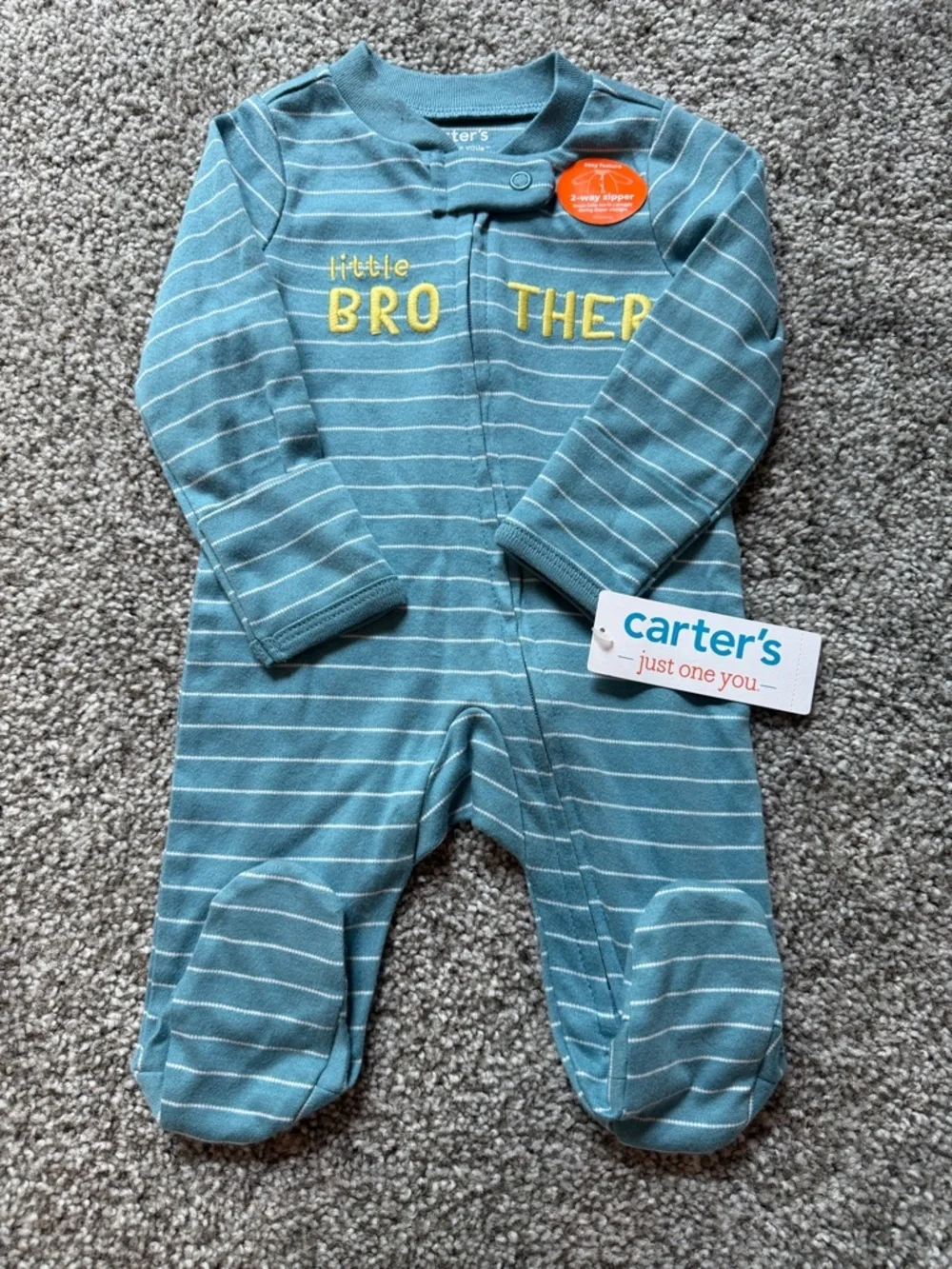 Carter's Teal Striped Little BROTHER Footed One-Piece Onesie
